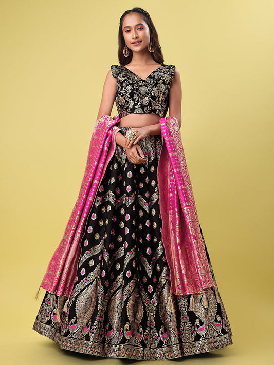 Black Jacquard Zari Woven Lehenga Choli With Banarasi Dupatta