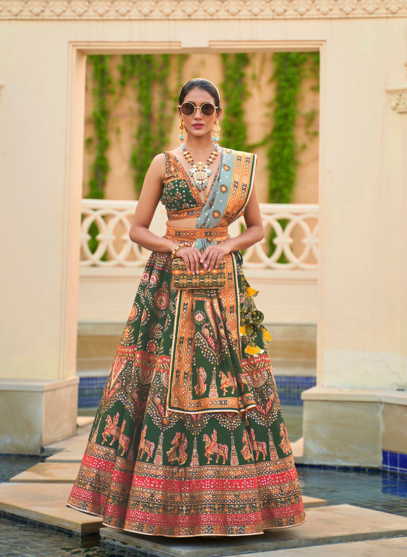 Green Silk Mirror Work Engagement  Readymade Lehenga Choli