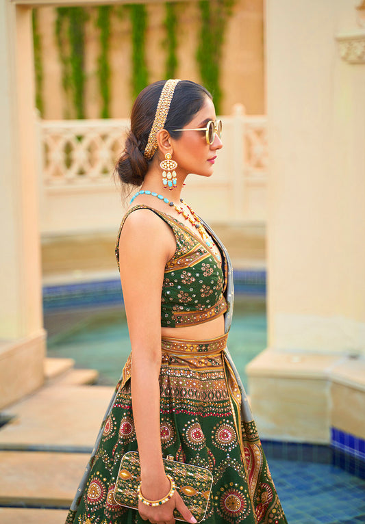 Green Silk Mirror Work Engagement  Readymade Lehenga Choli