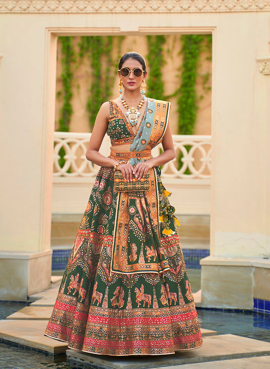 Green Silk Mirror Work Engagement  Readymade Lehenga Choli