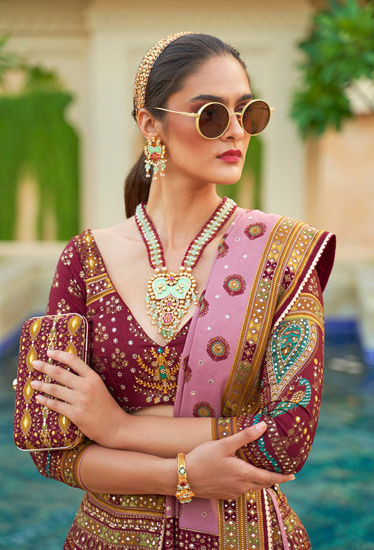 Maroon Silk Mirror Work Engagement  Readymade Lehenga Choli