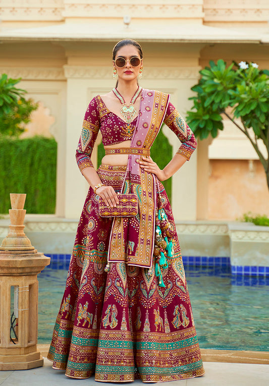 Maroon Silk Mirror Work Engagement  Readymade Lehenga Choli