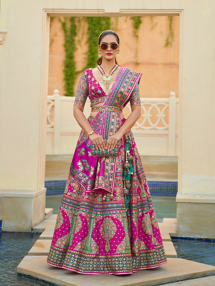 Magenta Silk Mirror Work Engagement  Readymade Lehenga Choli