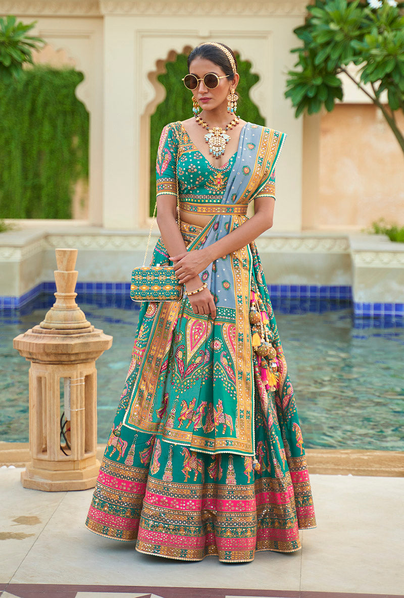 Turquoise Silk Mirror Work Engagement  Readymade Lehenga Choli