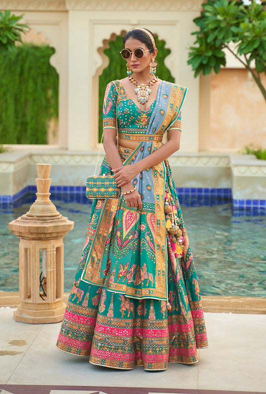 Turquoise Silk Mirror Work Engagement  Readymade Lehenga Choli