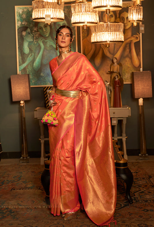 Peach Banarasi Silk Elegant Zari Weaving Saree