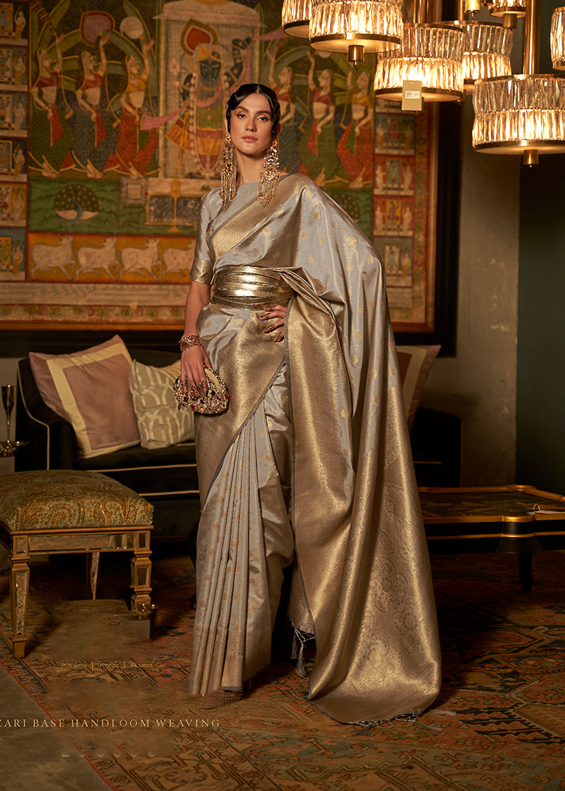 Gray Banarasi Silk Elegant Zari Weaving Saree
