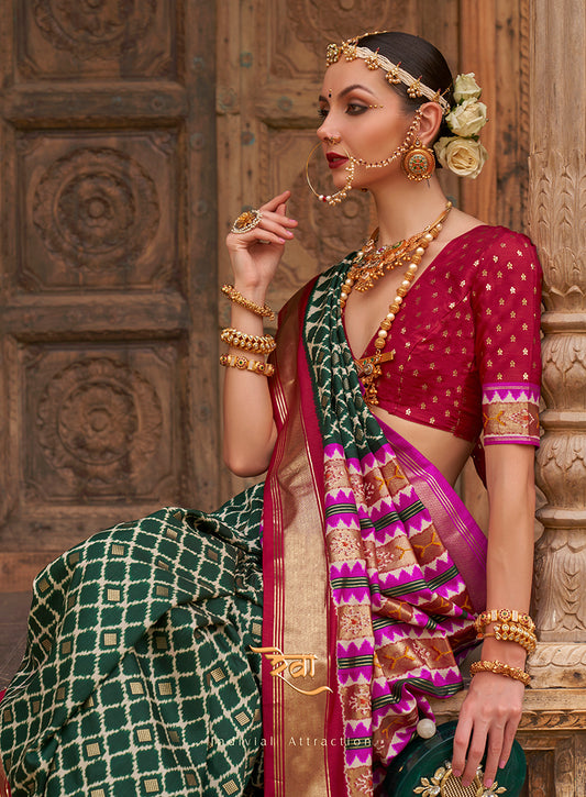 Dark Green Patola Silk Zari Weaving Work Saree With Contrast Blouse