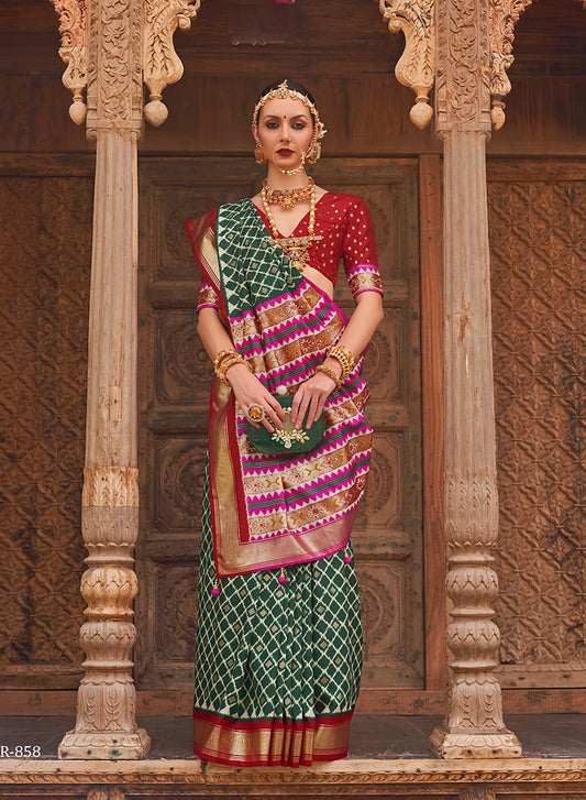 Dark Green Patola Silk Zari Weaving Work Saree With Contrast Blouse