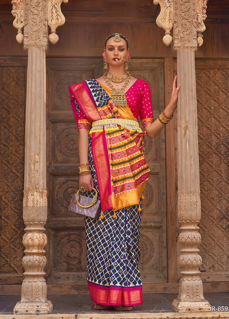 Navy Blue Patola Silk Zari Weaving Work Saree With Contrast Blouse
