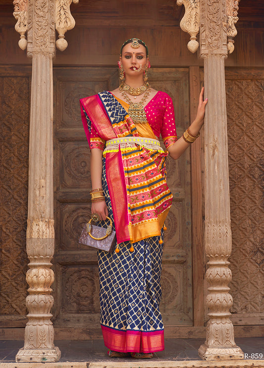 Navy Blue Patola Silk Zari Weaving Work Saree With Contrast Blouse