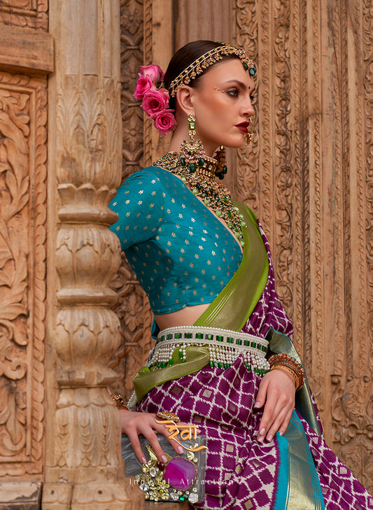 Purple Patola Silk Zari Weaving Work Saree With Contrast Blouse