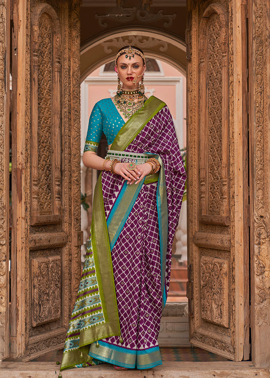 Purple Patola Silk Zari Weaving Work Saree With Contrast Blouse