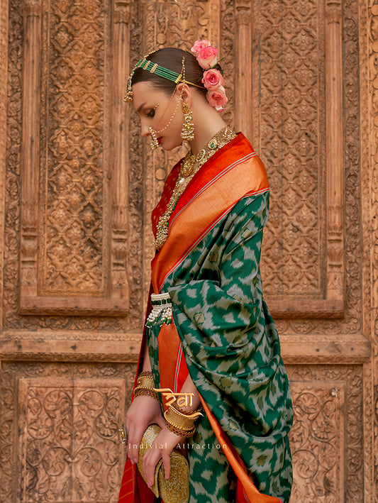 Green Patola Silk Zari Weaving Work Saree With Contrast Blouse