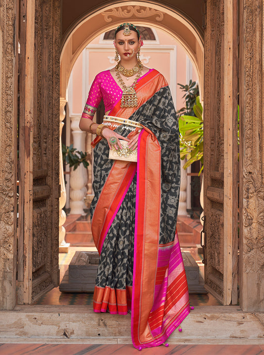 Black Patola Silk Zari Weaving Work Saree With Contrast Blouse