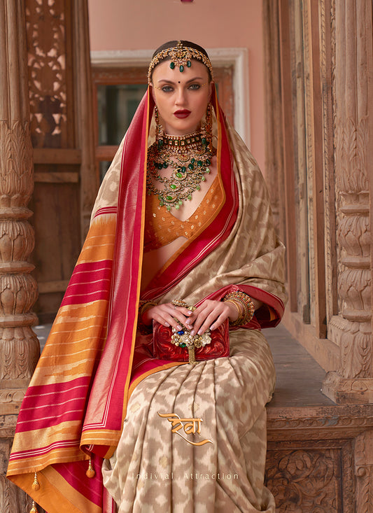 Beige Patola Silk Zari Weaving Work Saree With Contrast Blouse