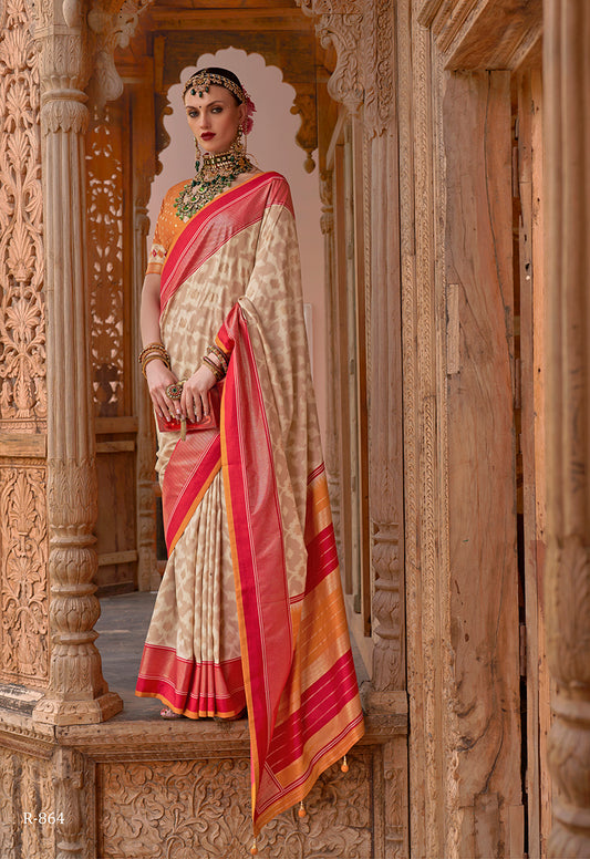 Beige Patola Silk Zari Weaving Work Saree With Contrast Blouse