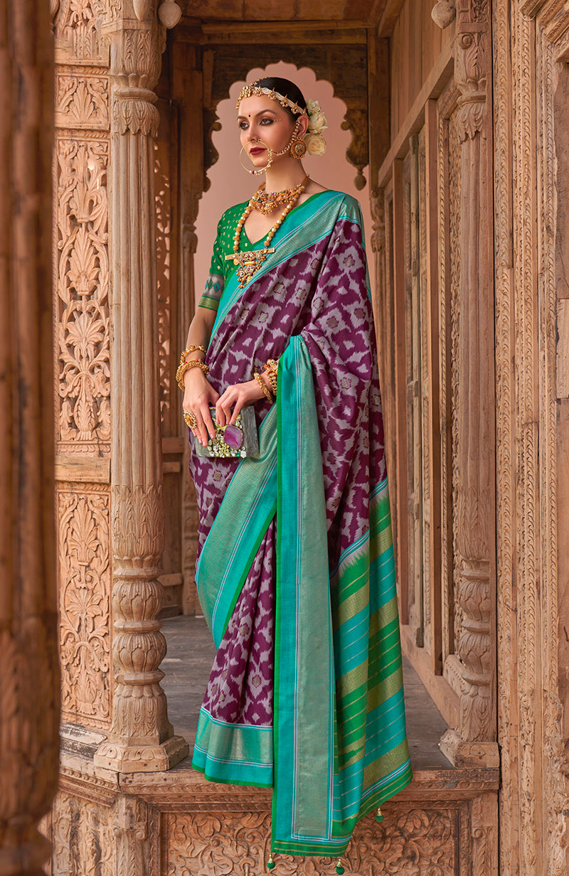Wine Patola Silk Zari Weaving Work Saree With Contrast Blouse