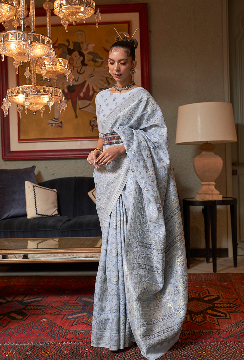 Light Sky Blue Kashmiri Silk Zari Weaving Classic Saree