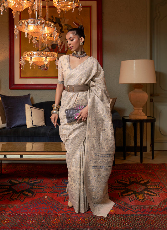 Beige Kashmiri Silk Zari Weaving Classic Saree