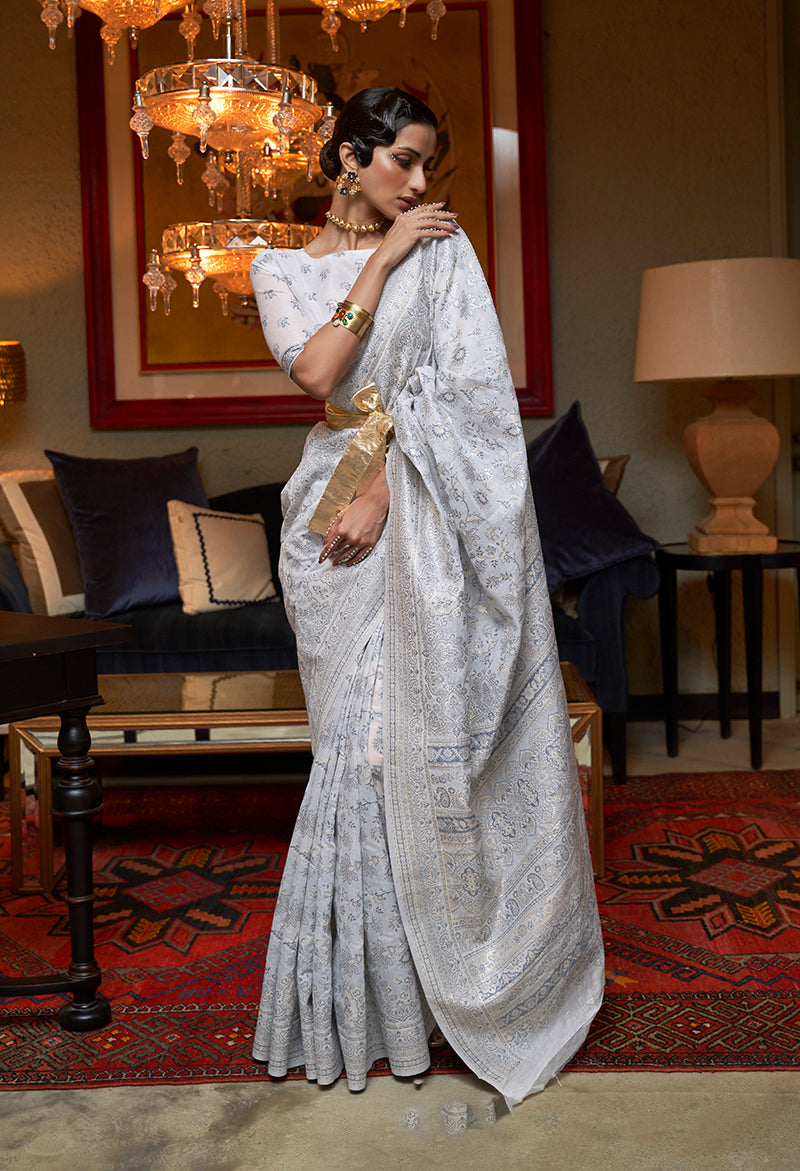 Off-White Kashmiri Silk Zari Weaving Classic Saree