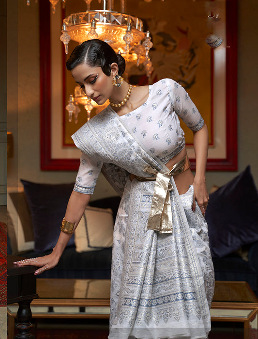 Off-White Kashmiri Silk Zari Weaving Classic Saree