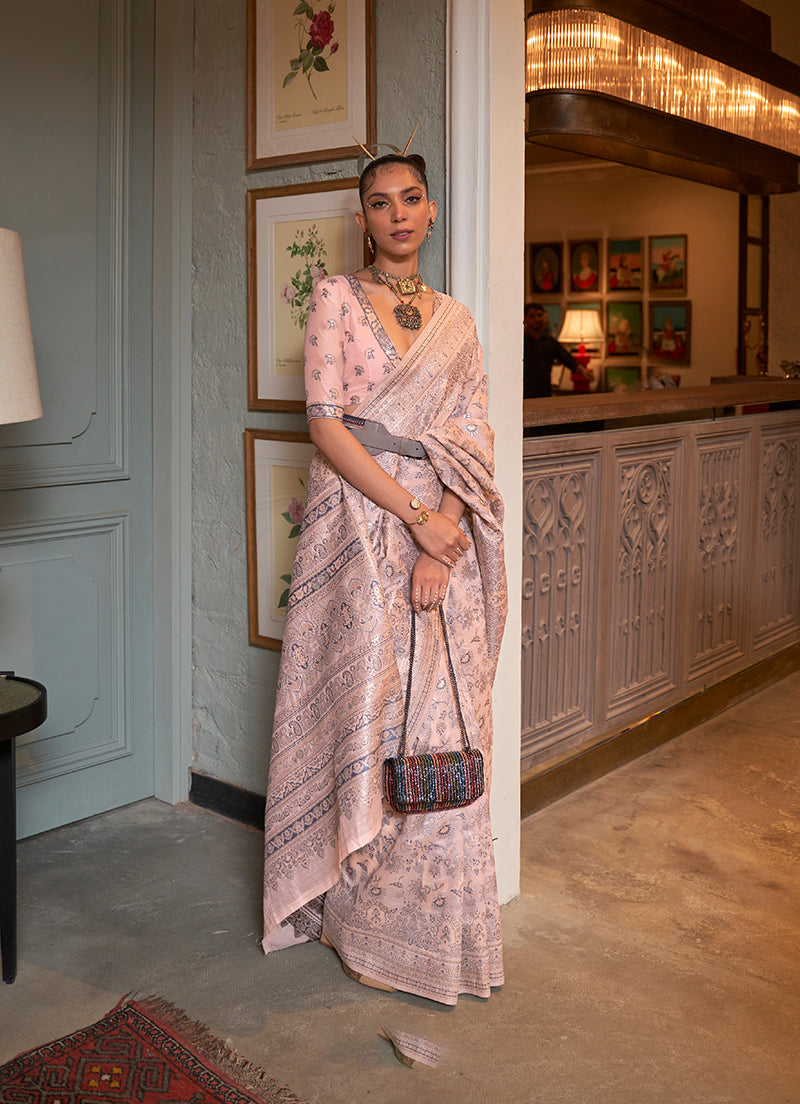Light Peach Kashmiri Silk Zari Weaving Classic Saree