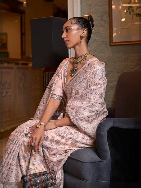 Light Peach Kashmiri Silk Zari Weaving Classic Saree