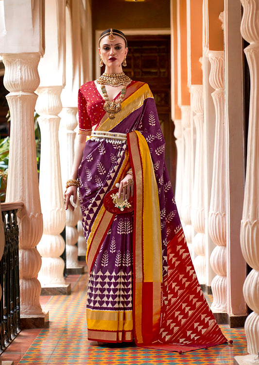 Dark Purple Silk Saree with Zari and Block Print Work
