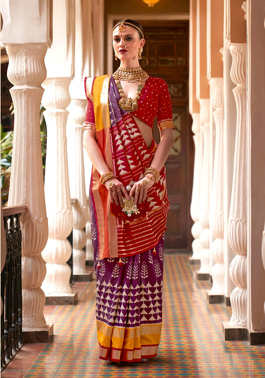 Dark Purple Silk Saree with Zari and Block Print Work