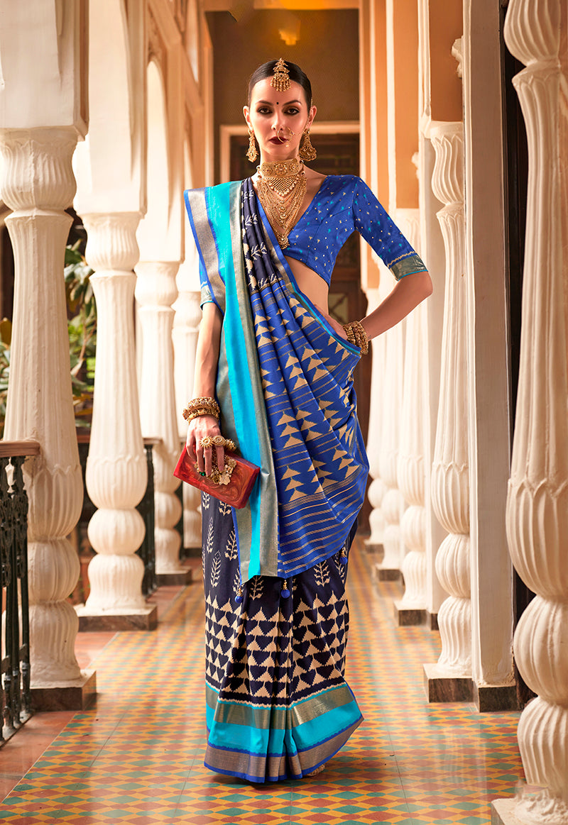Navy Blue Silk Saree with Zari and Block Print Work