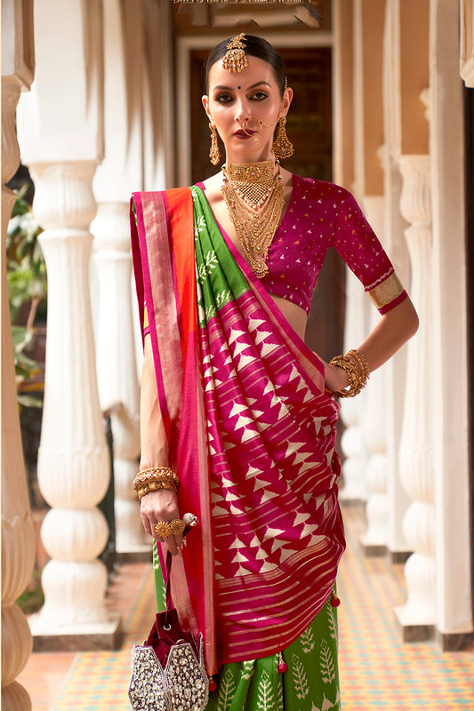 Olive Green Silk Saree with Zari and Block Print Work