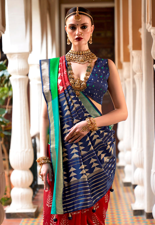 Dark Red Silk Saree with Zari and Block Print Work