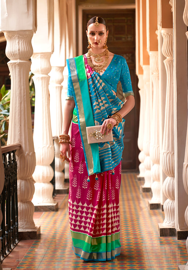 Rani Pink Silk Saree with Zari and Block Print Work