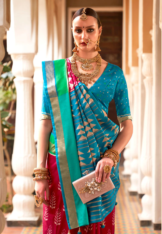 Rani Pink Silk Saree with Zari and Block Print Work