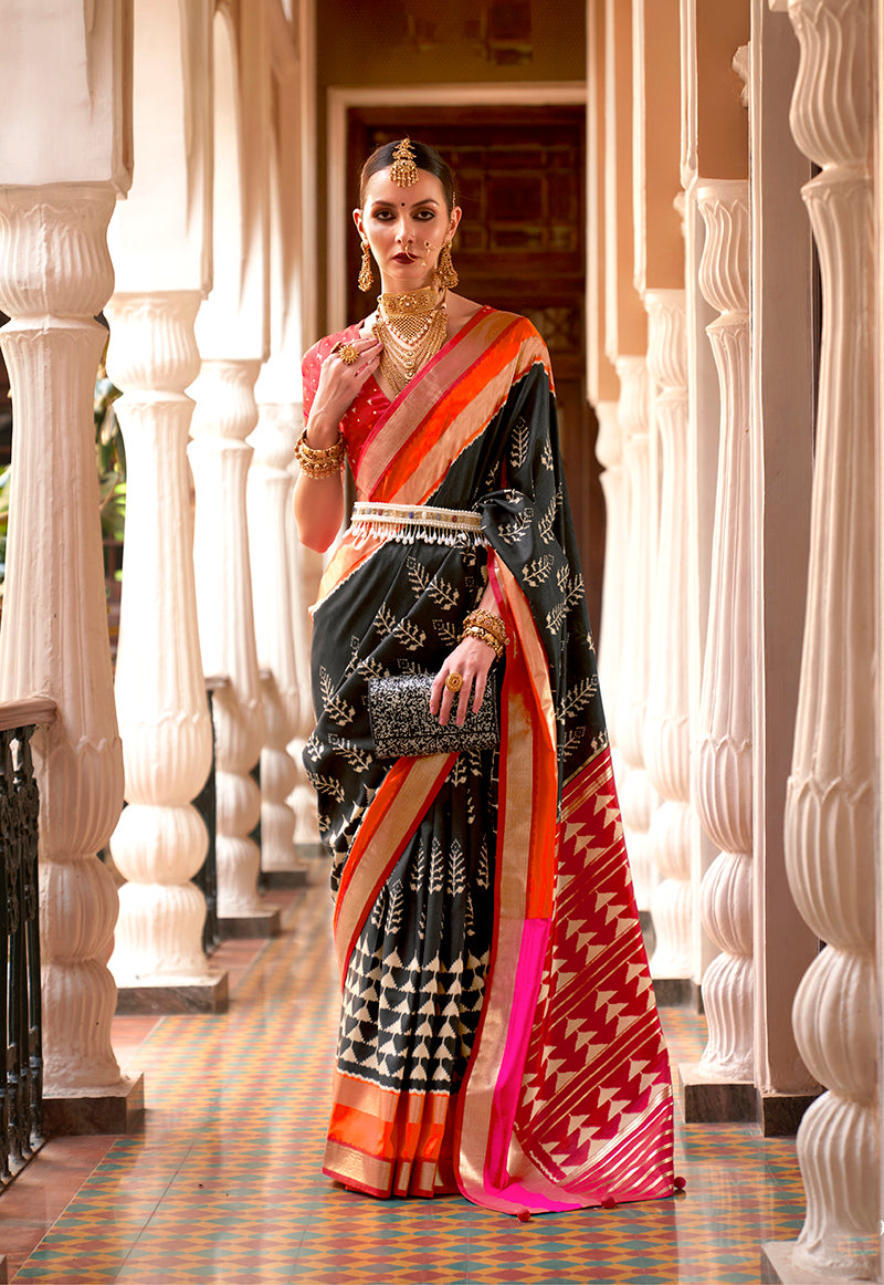 Black Silk Saree with Zari and Block Print Work