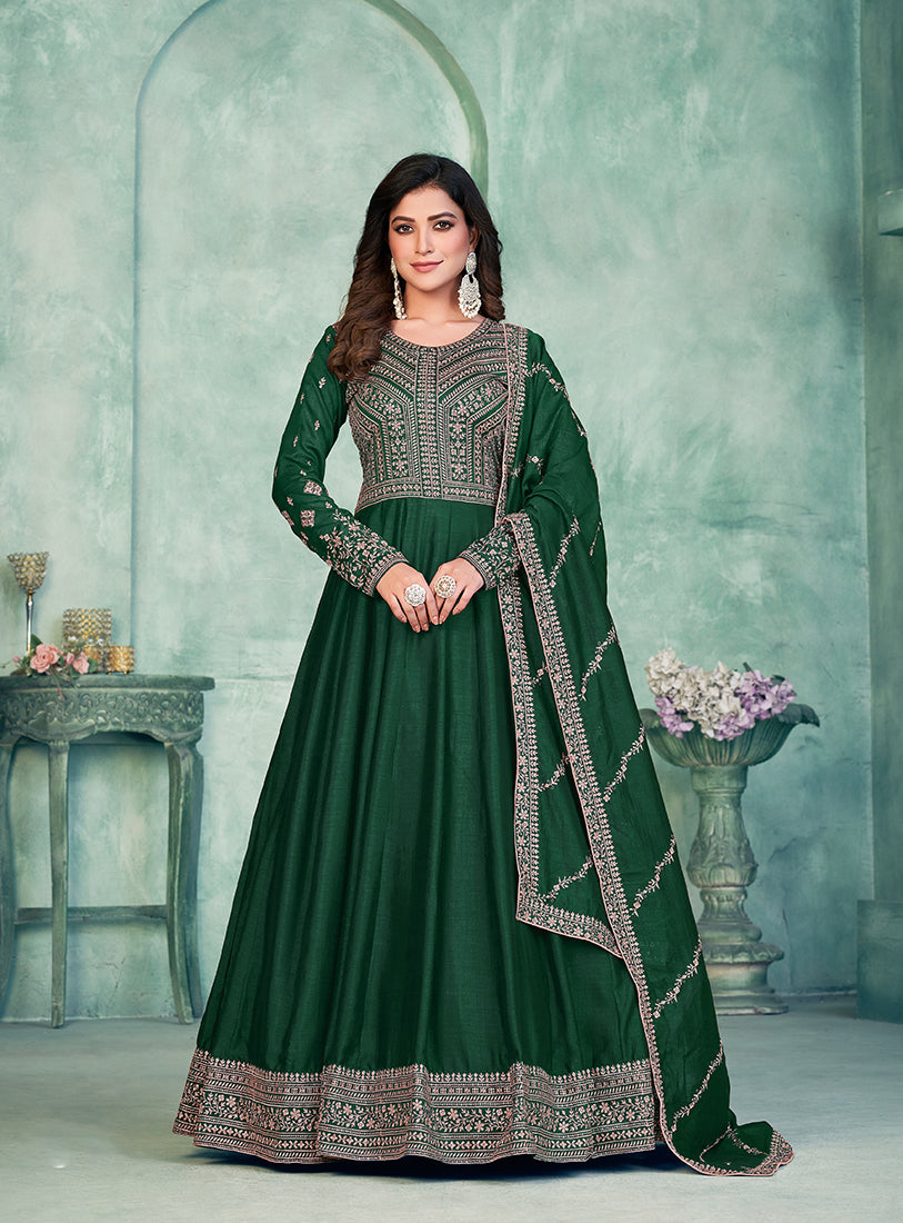 Dark Green Art silk Embroidered Festive Anarkali Suit