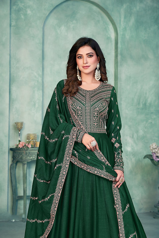 Dark Green Art silk Embroidered Festive Anarkali Suit - Monjolika Fashion