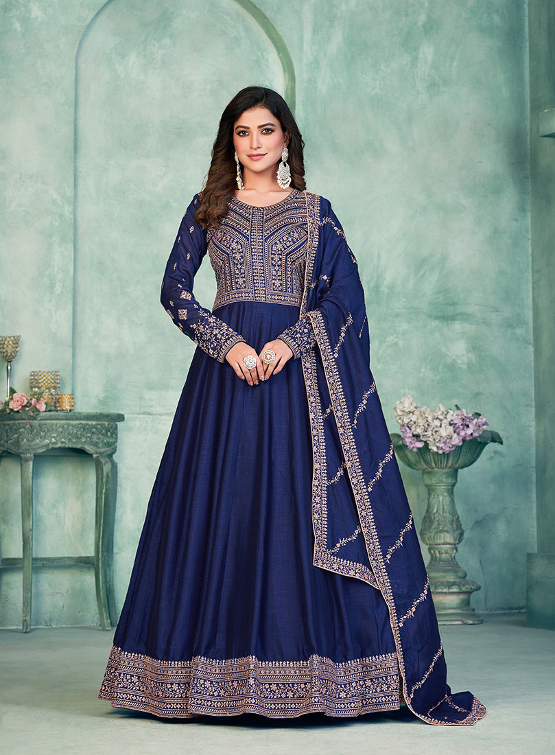 Navy Blue Art silk Embroidered Festive Anarkali Suit