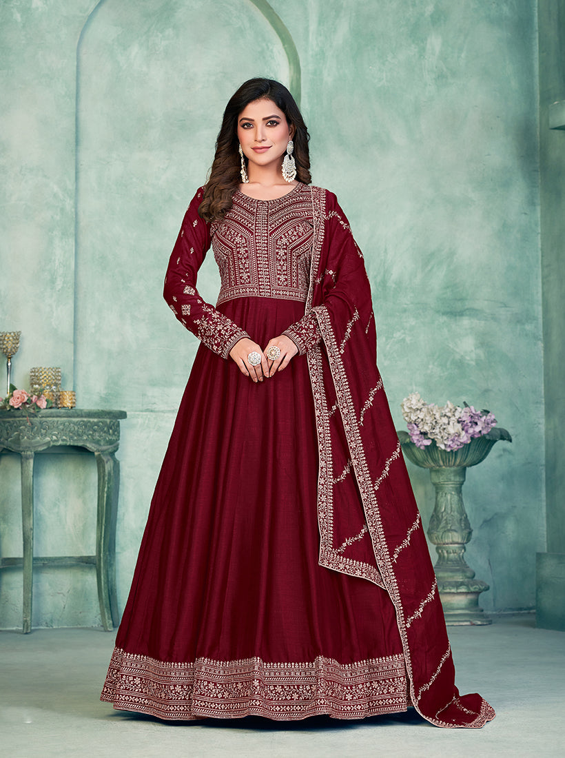 Maroon Art silk Embroidered Festive Anarkali Suit