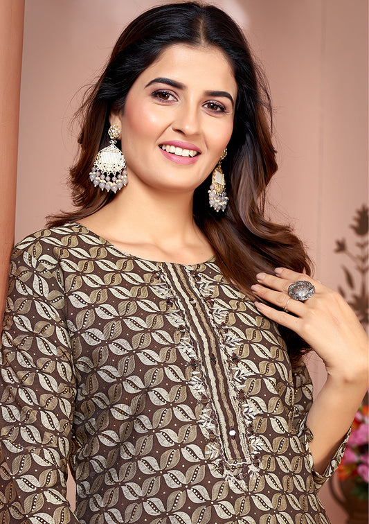 Silk Embroidered Brown Designer Offical Wear Kurti With Bottom