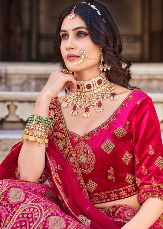 Rani Pink Velvet Embroidered Wedding Lehenga Choli