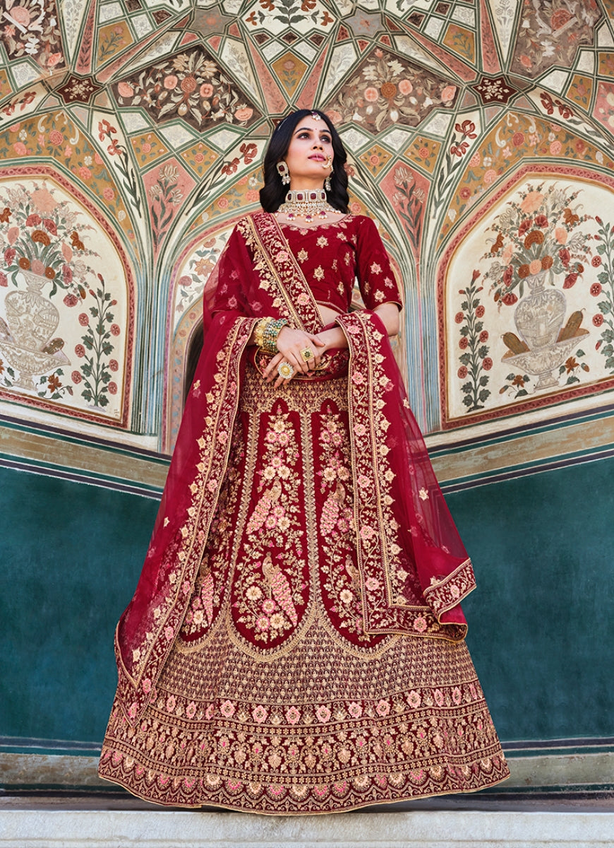 Red Velvet Embroidered Wedding Lehenga Choli