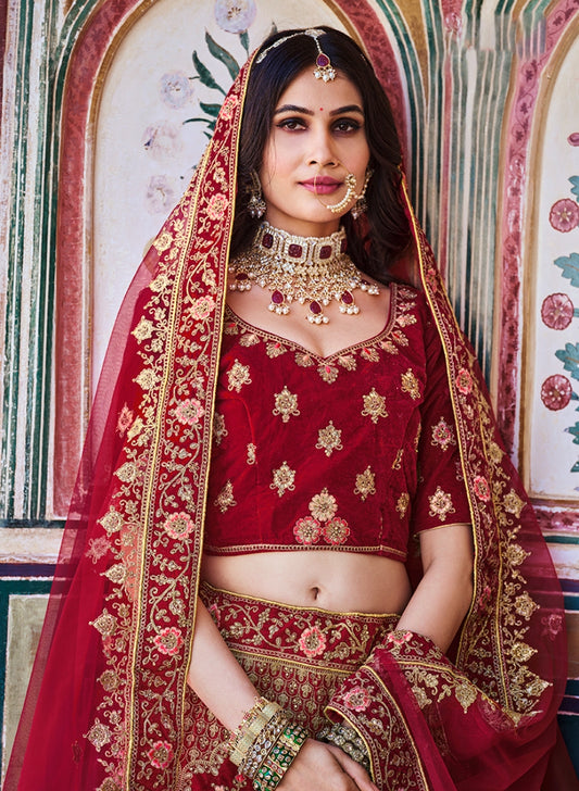 Red Velvet Embroidered Wedding Lehenga Choli