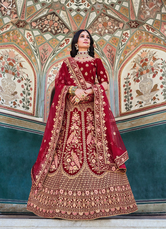 Red Velvet Embroidered Wedding Lehenga Choli