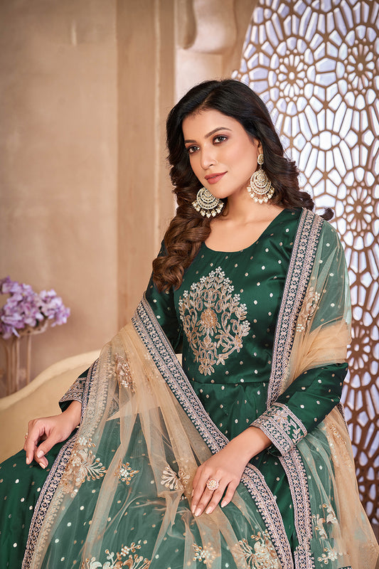 Dark Green Embroidered Taffeta Silk Anarkali Suit