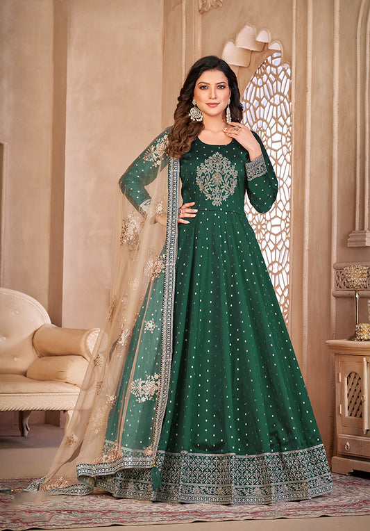 Dark Green Embroidered Taffeta Silk Anarkali Suit