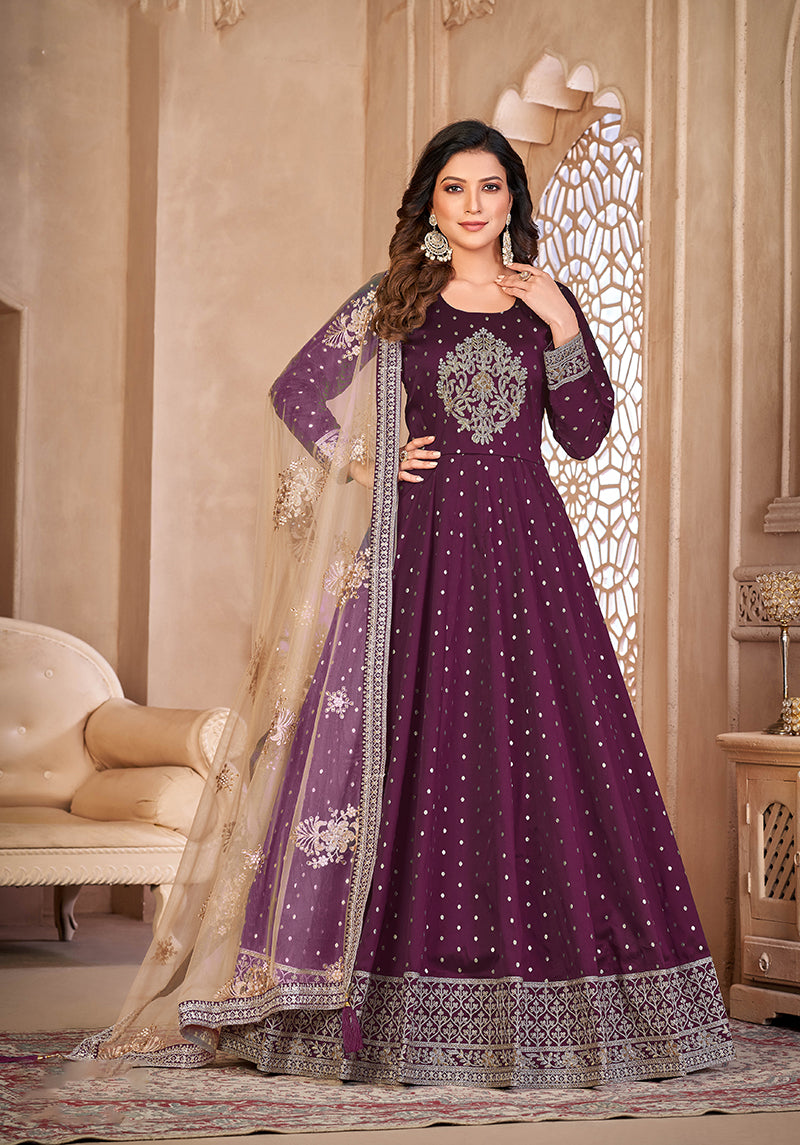 Purple Embroidered Taffeta Silk Anarkali Suit