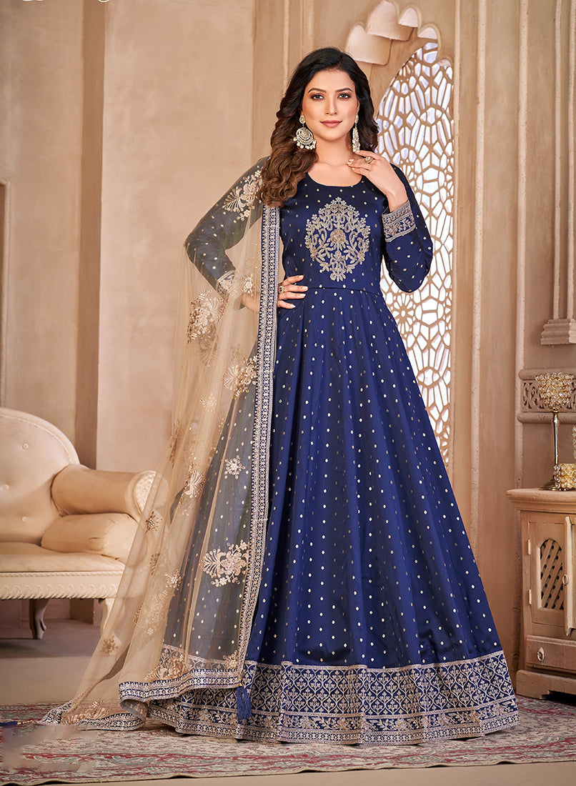 Navy blue Embroidered Taffeta Silk Anarkali Suit