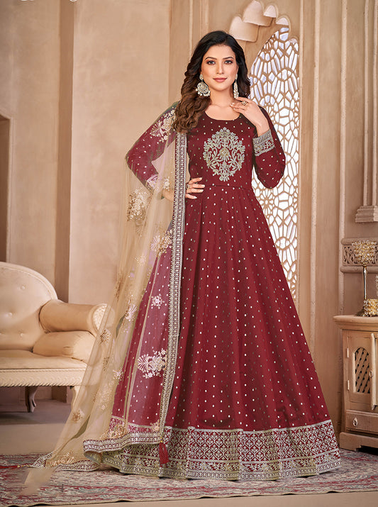 Red Embroidered Taffeta Silk Anarkali Suit